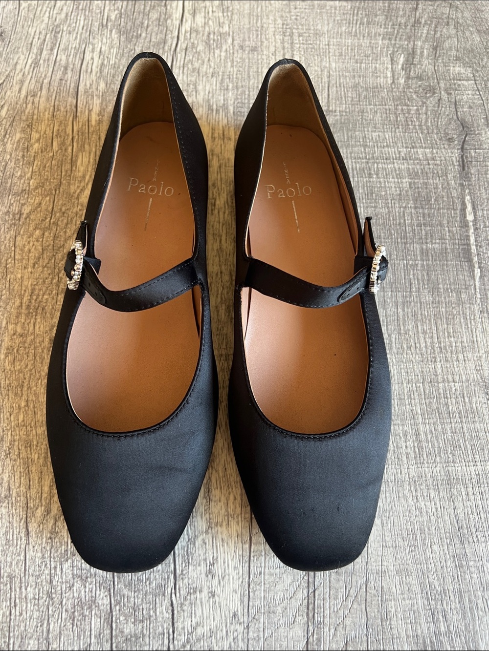 Linea Paolo Marley Black Satin Mary Jane Flats Rhinestone Buckle Size 7.5